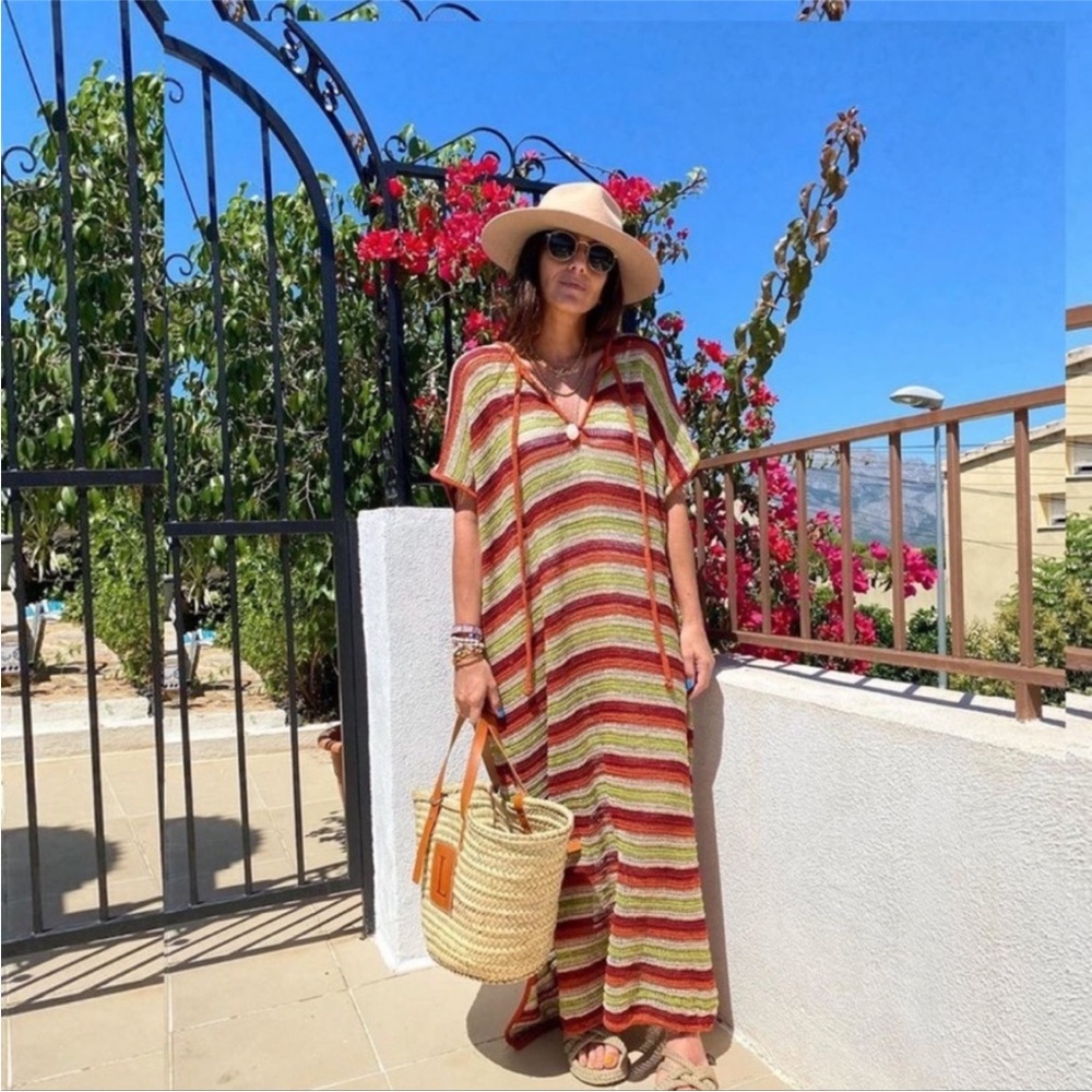 Zara Multicolored Knit Tunic Kaftan Long Dress Small